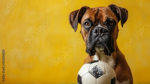 A boxer dog sits in front of a yellow background holding a soccer ball in its mouth.
