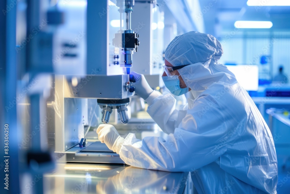 Medical researcher working in large lab area to develop new treatment solutions for diseases Medical researcher working in large lab area to develop new treatment solutions for diseases