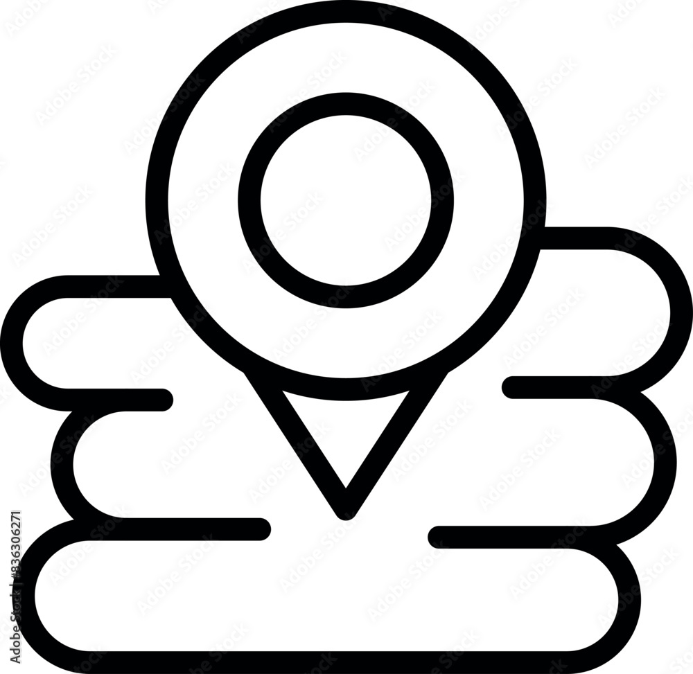 Simple black and white line icon of a location pin superimposed on folded map layers Simple black and white line icon of a location pin superimposed on folded map layers