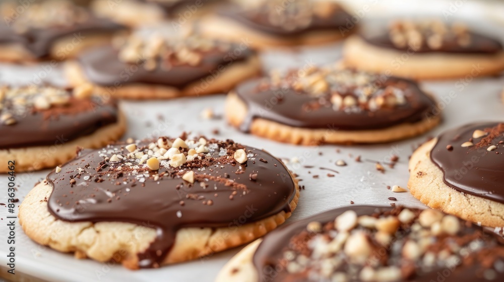 Baking sugar cookies with chocolate dip and hazelnut sprinkle on parchment Baking sugar cookies with chocolate dip and hazelnut sprinkle on parchment