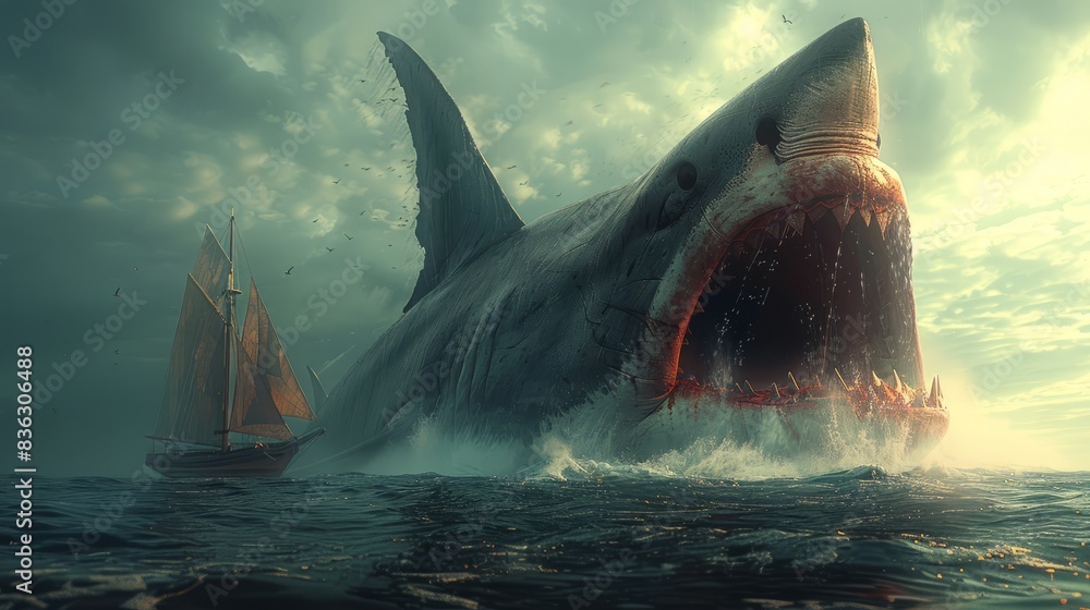Sloop Shark The visualization of a formidable megalodon shark near a sailboat in ...