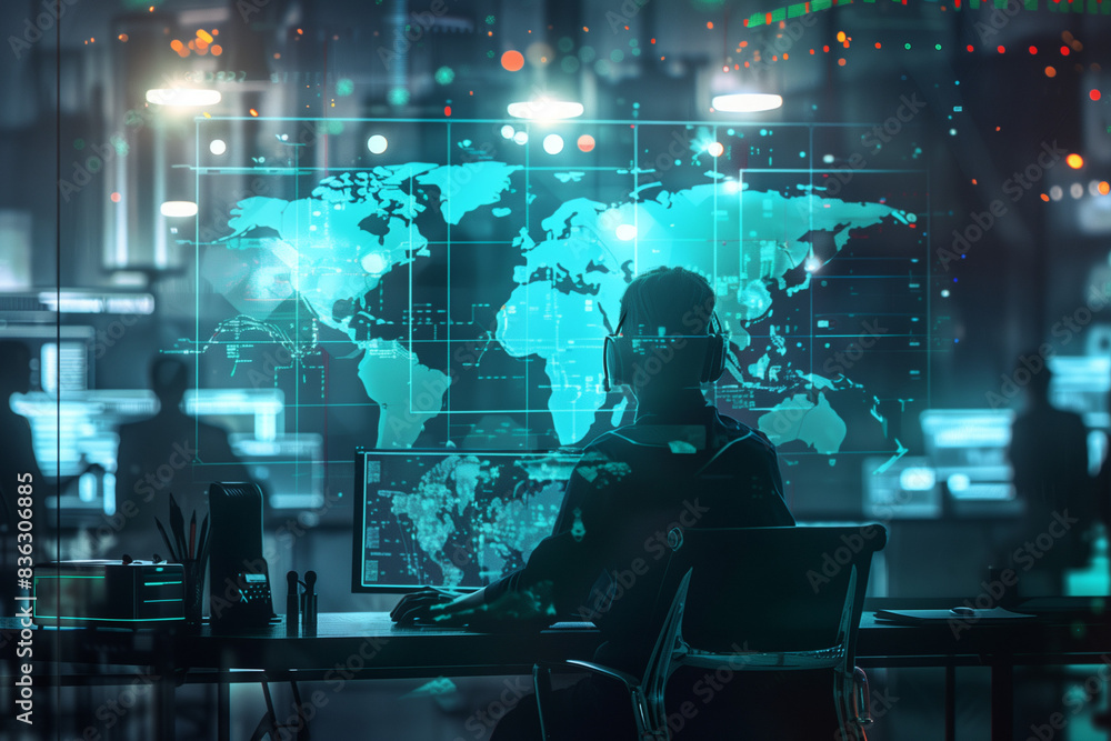 Businessman at his desk in the office with a computer and a hologram digital world map displayed Businessman at his desk in the office with a computer and a hologram digital world map displayed
