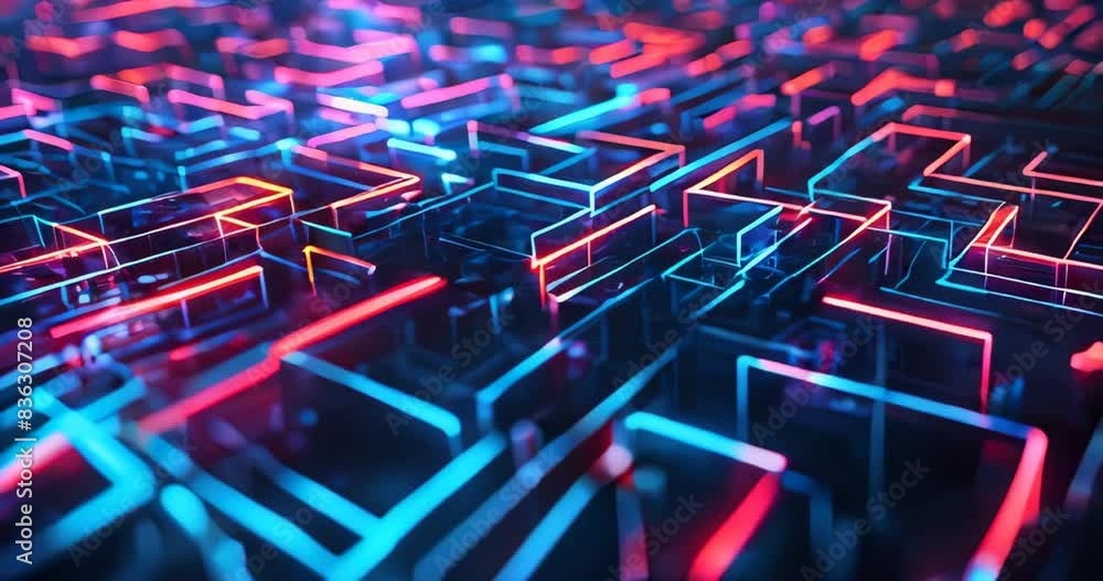 Neon-lit labyrinth constructed of data pathways, reflecting complexity in navigating data landscapes. Data mining visualization Neon-lit labyrinth constructed of data pathways, reflecting complexity in navigating data landscapes. Data mining visualization