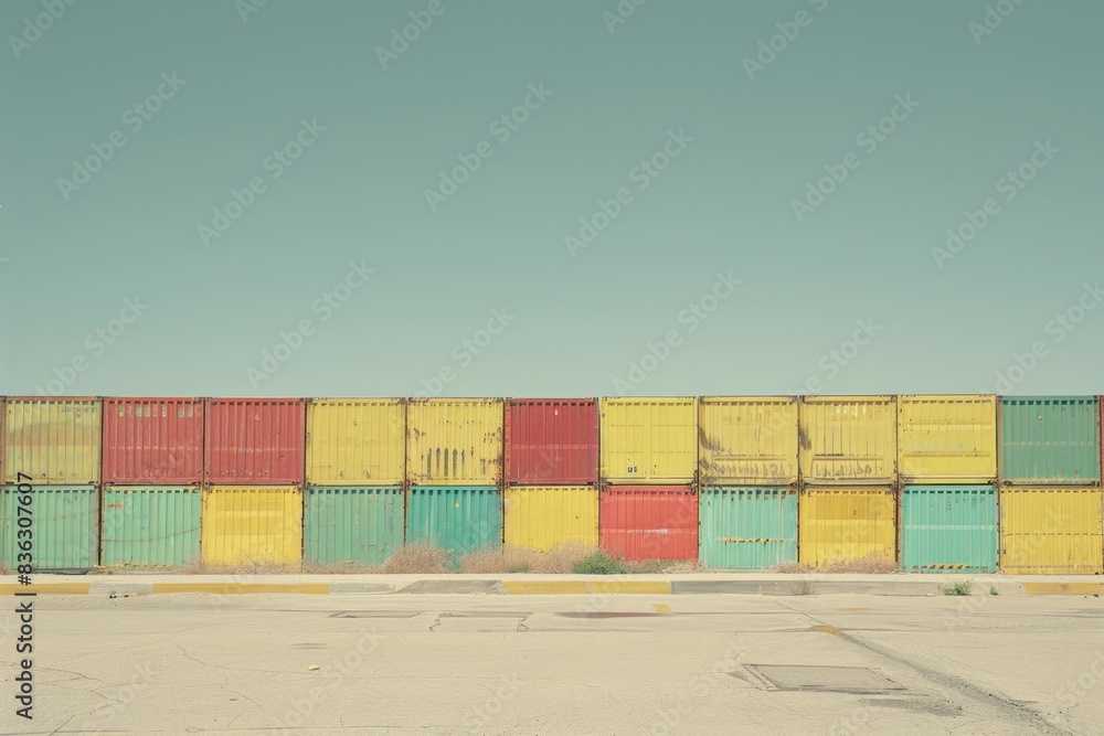 Fototapeta premium Colorful shipping containers in the middle of an empty parking lot with a blue sky in the background