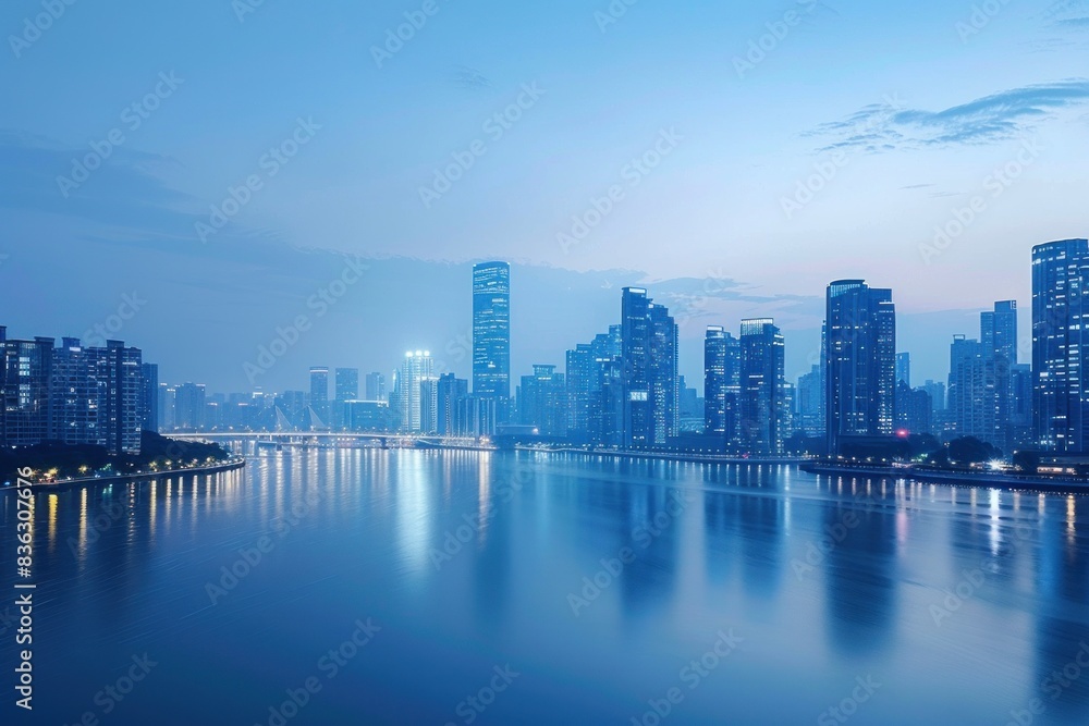 Naklejka premium Tranquil Evening Blues: Minimalist City Skyline in Light Blue Tones