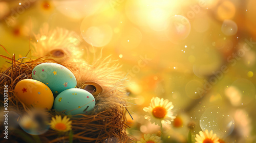 Eggcellent Easter: Vibrant Feathers and Nest photo