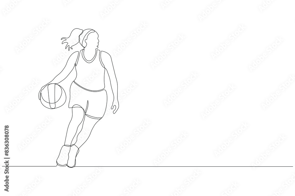 Professional basketball player continuous line drawing. Girl playing basketball outline vector isolated on white background. Professional basketball player continuous line drawing. Girl playing basketball outline vector isolated on white background.