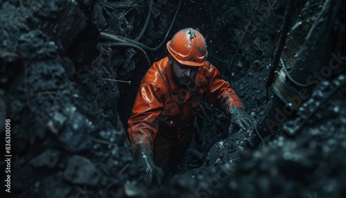 A miner wearing a hard hat and headlamp is working in a dark mine. wear orange.