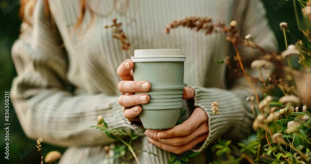 Reusable coffee cup in hand, showcasing the impact of small changes on lowering carbon footprints Carbon footprint reduction Reusable coffee cup in hand, showcasing the impact of small changes on lowering carbon footprints Carbon footprint reduction