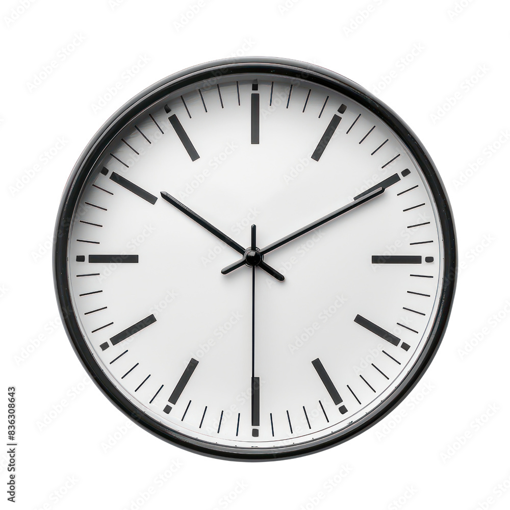 Minimalist wall clock with a white face and black hands on a plain background, highlighting simplicity and modern design. transparent backgrounds Minimalist wall clock with a white face and black hands on a plain background, highlighting simplicity and modern design. transparent backgrounds