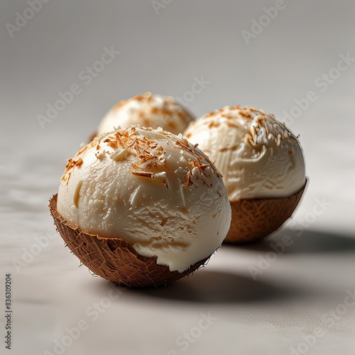 A delicious and refreshing coconut ice cream in a coconut shell photo