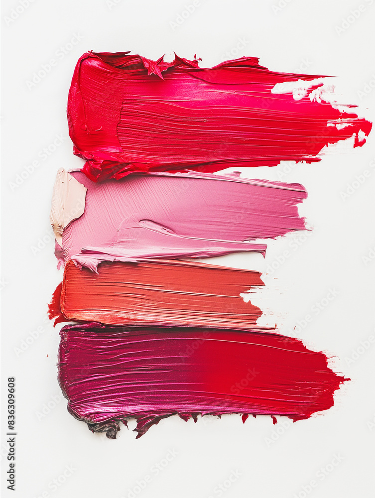 Smeared swatches of red lipstick in a set of several shades on a light background Smeared swatches of red lipstick in a set of several shades on a light background