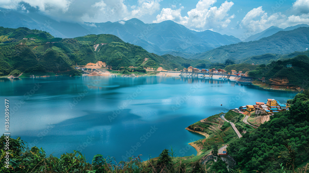 Serene lake formed by a massive earthen dam, with a small fishing village nestled on its shores