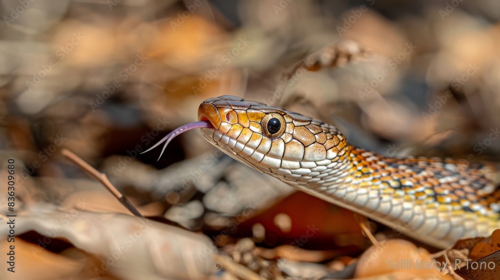 Obraz premium A snake is seen in the wild, with its head down and its tongue out