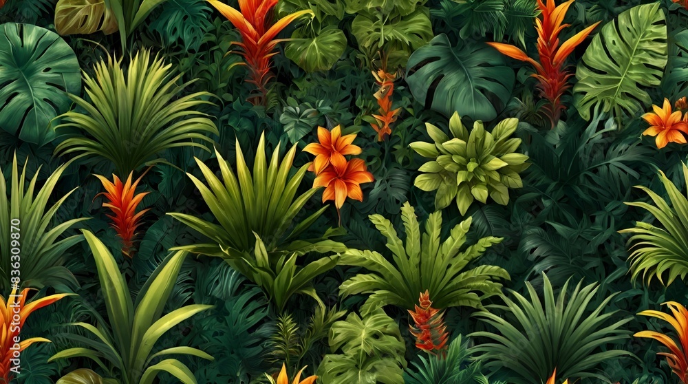 Granater AI A vibrant pattern of tropical plants and flowers, creating a seamless design. Granater AI A vibrant pattern of tropical plants and flowers, creating a seamless design.