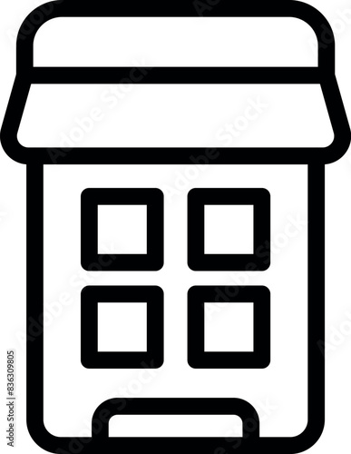 Minimalist line art icon of a storefront in black and white, suitable for web and app design