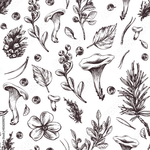 Forest edible chanterelle mushrooms with blueberries, cones, autumn leaves and twigs. Graphic illustration, hand drawn with brown ink, line art monochrome. Seamless pattern of forest, harvest, nature