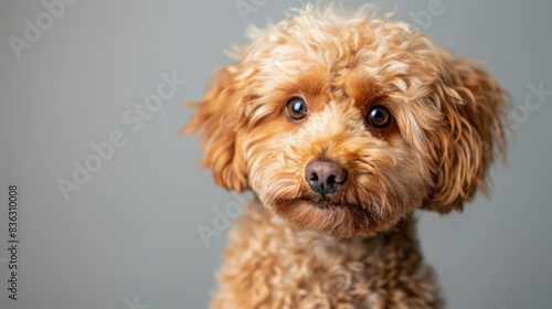 Adorable Maltipoo dog with sweet expression and soft brown fur posing in a studio setting Close up shot showing the dog looking content and in good health Emphasizing companionship affection