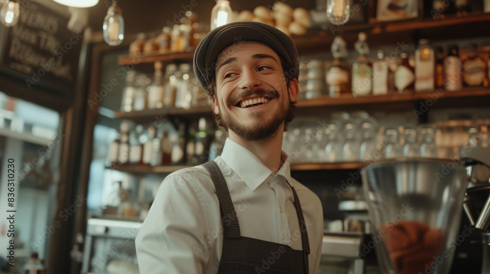 Friendly European Waiter Serving Customers with a Smile