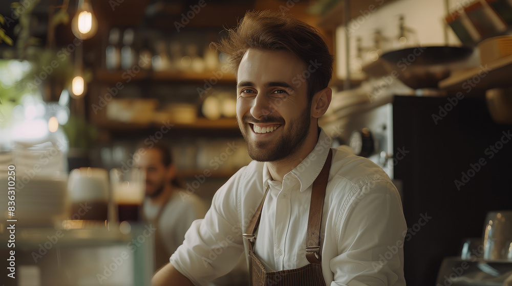 Close-Up of Hipster Waiter Serving and Engaging Customers Close-Up of Hipster Waiter Serving and Engaging Customers