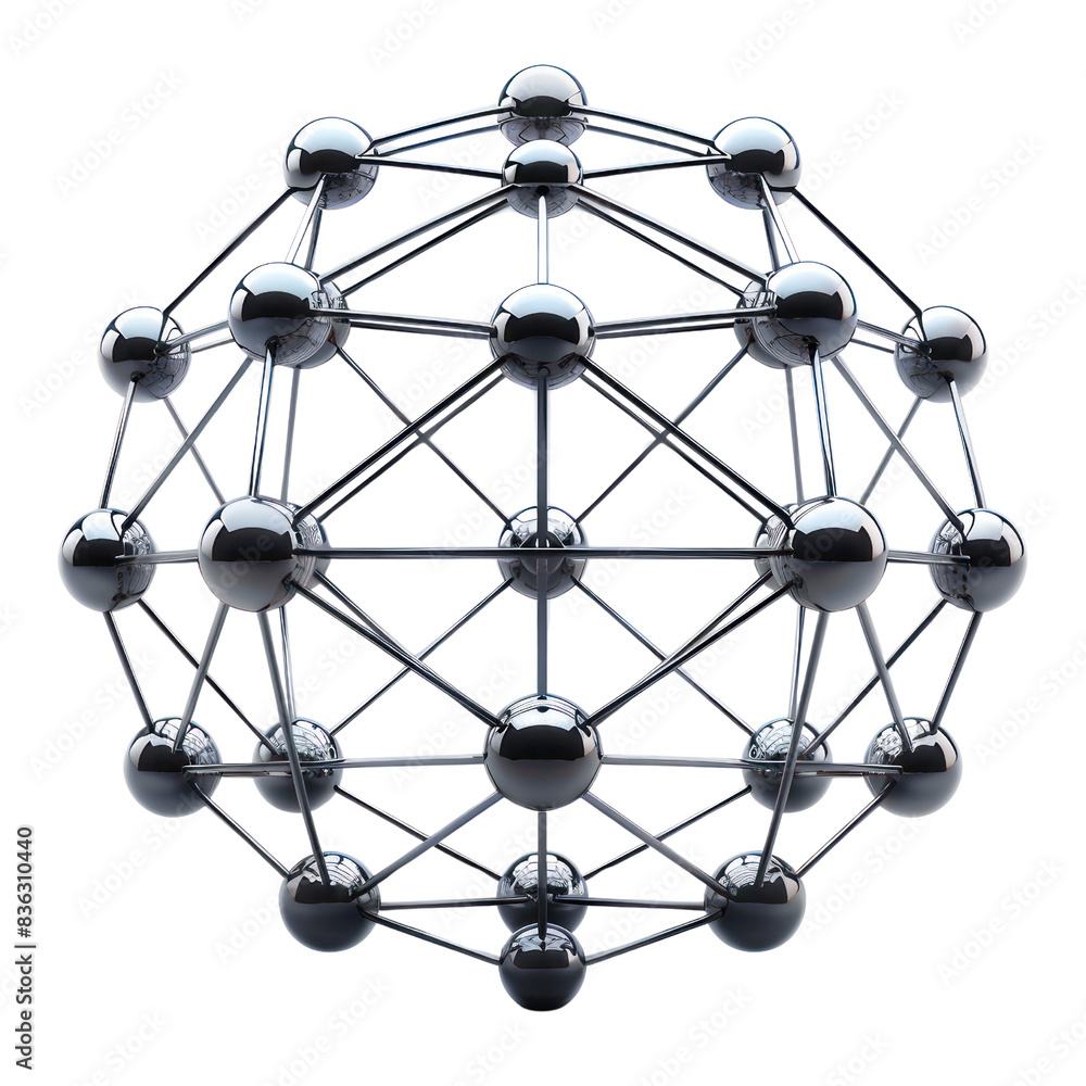 Abstract 3D metallic structure of interconnected spheres and rods, representing molecular model or network. transparent backgrounds Abstract 3D metallic structure of interconnected spheres and rods, representing molecular model or network. transparent backgrounds