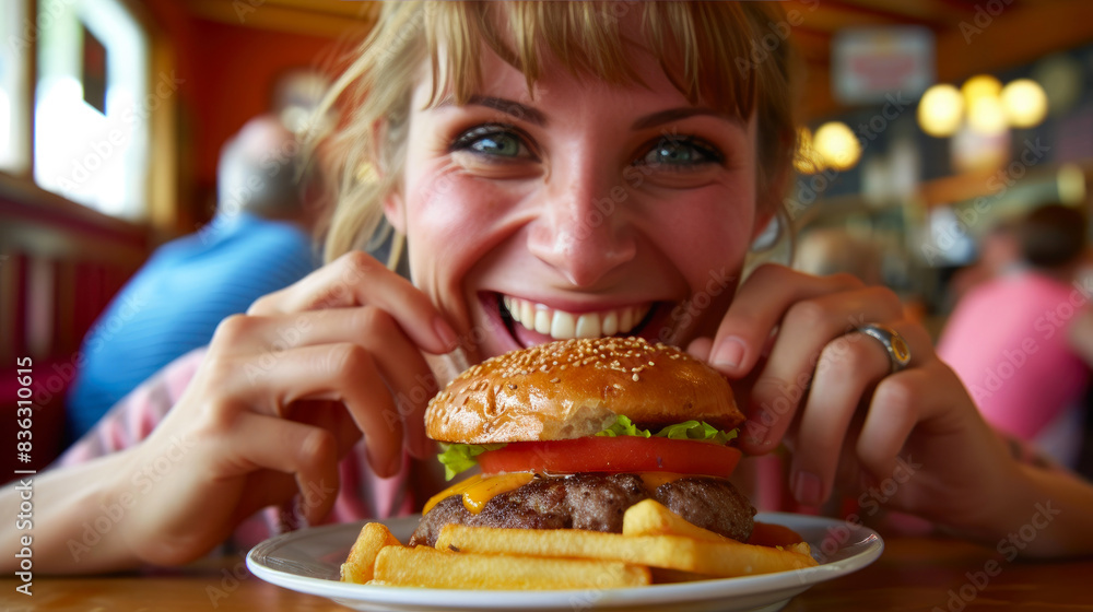 Burger Feast: Woman's Moment of Culinary Happiness