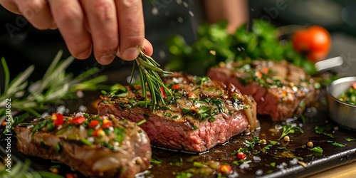 Hand-Decorated Steak with Herbs. Concept Gourmet Steak, Cooking Inspiration, Delicious Herbs, Culinary Art, Food Presentation photo