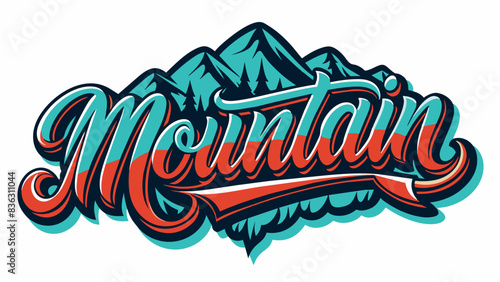 Artistic text word Mountain design featuring stylized mountains and trees with a vibrant color palette. Perfect for outdoor-themed projects, adventure branding, posters, and digital designs.