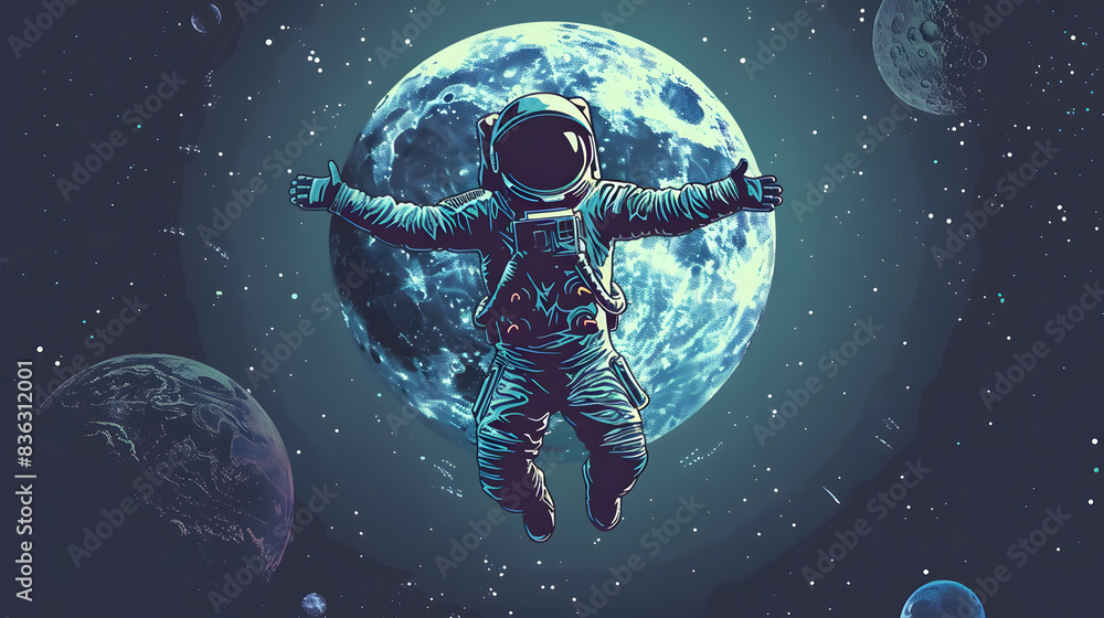 Dancing astronaut on the background of the moon and space. Vector illustration Dancing astronaut on the background of the moon and space. Vector illustration