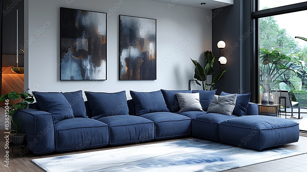 Fototapeta premium Modern living room with blue sectional sofa and large window