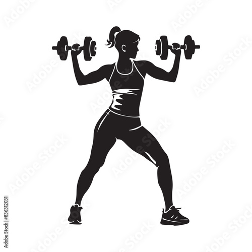 Fitness club logo or emblem with woman silhouette. Woman holds dumbbells. Isolated on white