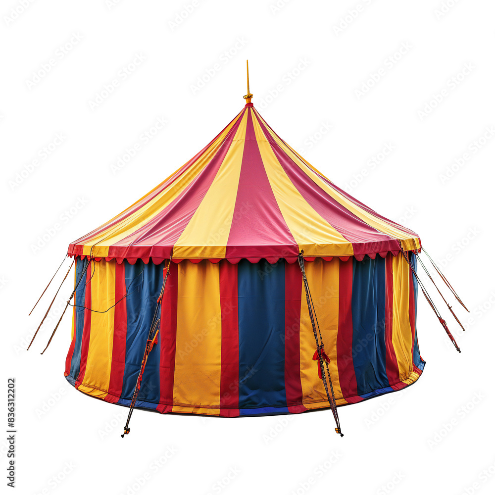 Red and blue striped circus tent with flag on top Red and blue striped circus tent with flag on top