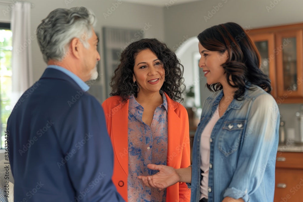 Hispanic Couple Guided by Realtor in Tour of New Home Hispanic Couple Guided by Realtor in Tour of New Home