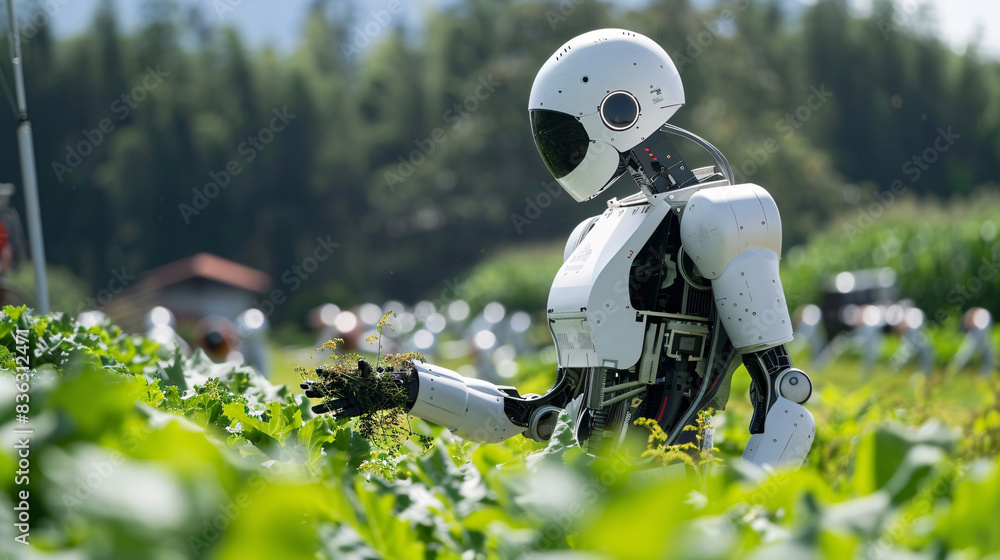 Robotic agriculture concept. Human-shaped robot working on a farm. Robot farmers agriculture technology farm automation Robotic agriculture concept. Human-shaped robot working on a farm. Robot farmers agriculture technology farm automation