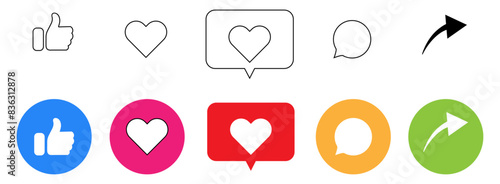 Like, comment, share vector icon set. Social media notification icons. Thumbs up, love heart symbol.