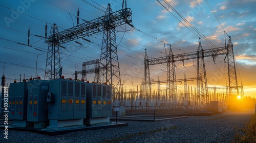 A power plant with many power lines and a large sun in the sky
