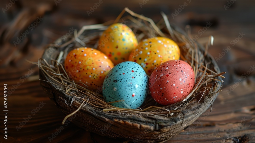 Colorful Easter eggs in a nest of straw on an old shabby wooden table Colorful Easter eggs in a nest of straw on an old shabby wooden table