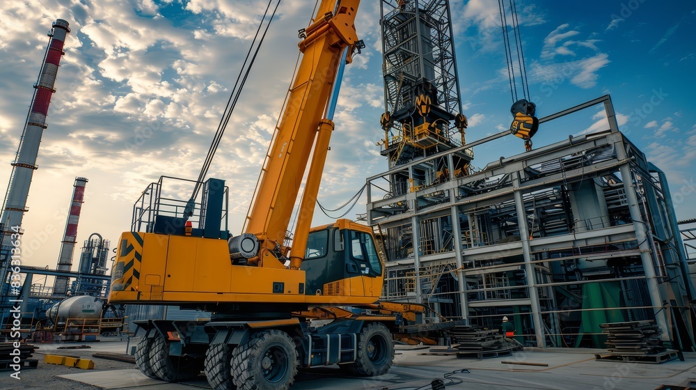 A large yellow crawler crane is lifting a heavy load at a construction site A large yellow crawler crane is lifting a heavy load at a construction site