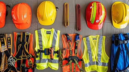 Safety gear arranged neatly for a construction safety class