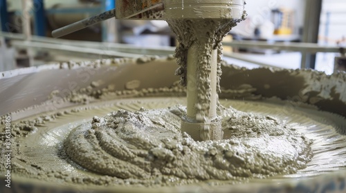 The image shows a large bowl of wet concrete being mixed.