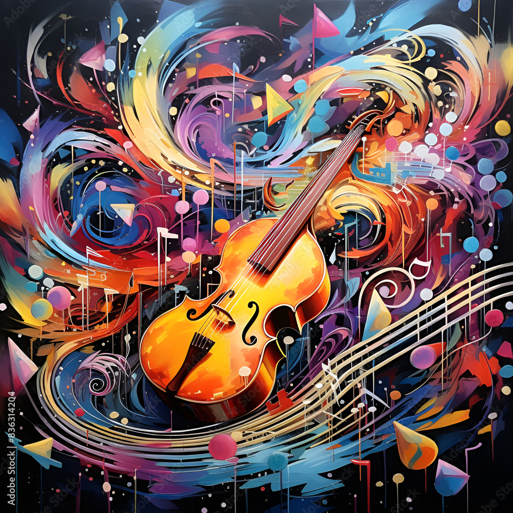 An abstract painting of a cello and musical notes, showcasing the harmonious An abstract painting of a cello and musical notes, showcasing the harmonious