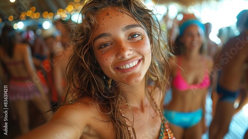 A smiling young woman with sun-kissed skin takes a selfie with her friends in the background at a lively beach party