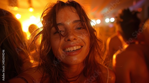 A close-up of a smiling young woman with glitter on her face, captured at a lively party with warm lighting