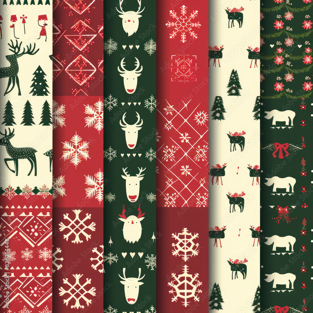 Classic Christmas Patterns with Reindeers and Spruces