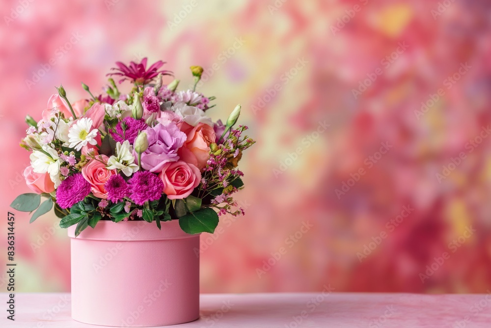 Beautiful bouquet of flowers in a gift box on a pink background Beautiful bouquet of flowers in a gift box on a pink background
