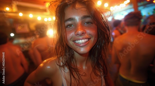 A drenched young girl smiling widely in a festive atmosphere at a summer event © familymedia