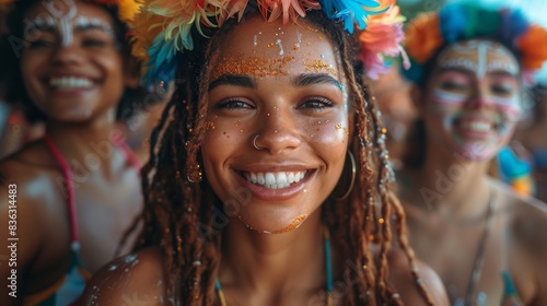 A woman with a radiant smile and floral headwear celebrates a summer festival