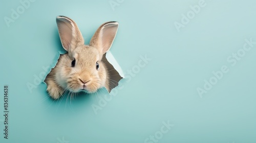 Rabbit peeking out of hole in blue paper. Easter concept