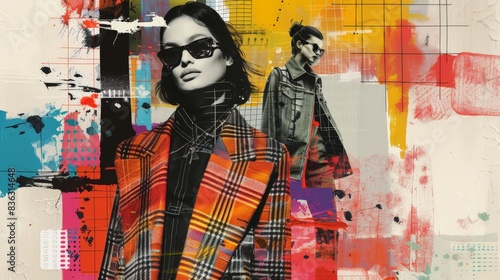 Retro futuristic poster with 80s and 90s high fashion aesthetic. Grunge noise Creative Mixed media collage. Stylish vintage backdrop, grunge graphic design style.