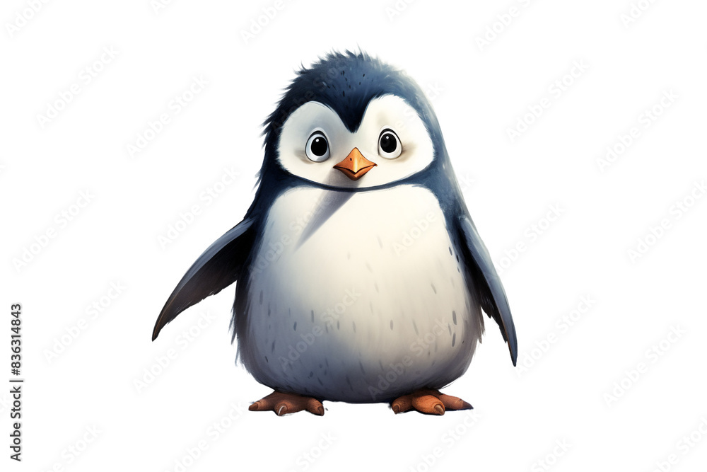 Fototapeta premium A cute penguin with black and white feathers. He has a yellow beak and webbed feet. He is standing on the ice and looking at the camera.